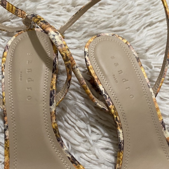 Sandro Ankle wrap around Maeva Yellow Brown snake-effect leather sandal 8 Animal - Picture 6 of 11